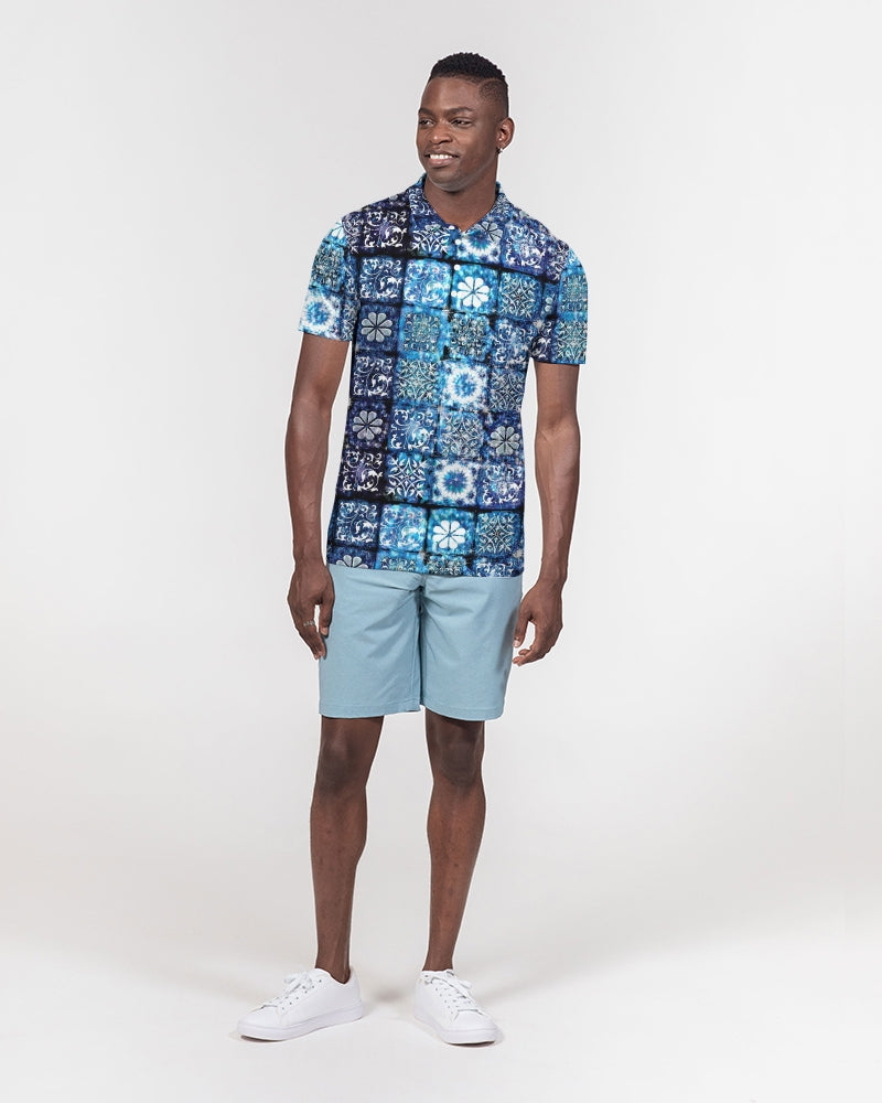 Blue Ice Crystals Motif Men's All-Over Print Slim Fit Short Sleeve Polo