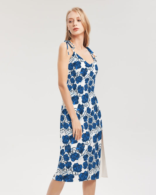 Blue Roses Women's All-Over Print Tie Strap Split Dress