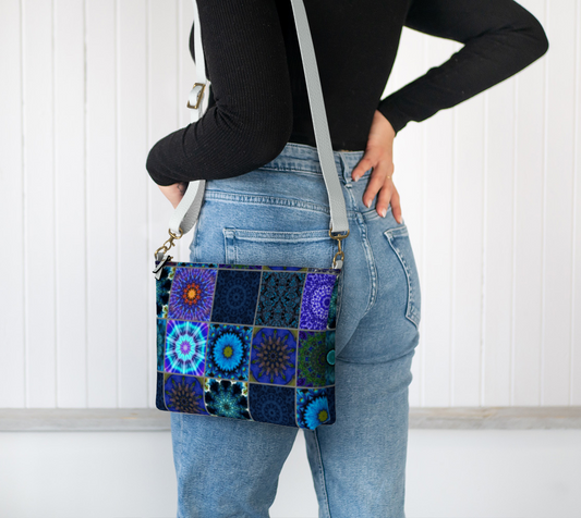 Blue Crazy Quilt Vegan Crossbody Purse