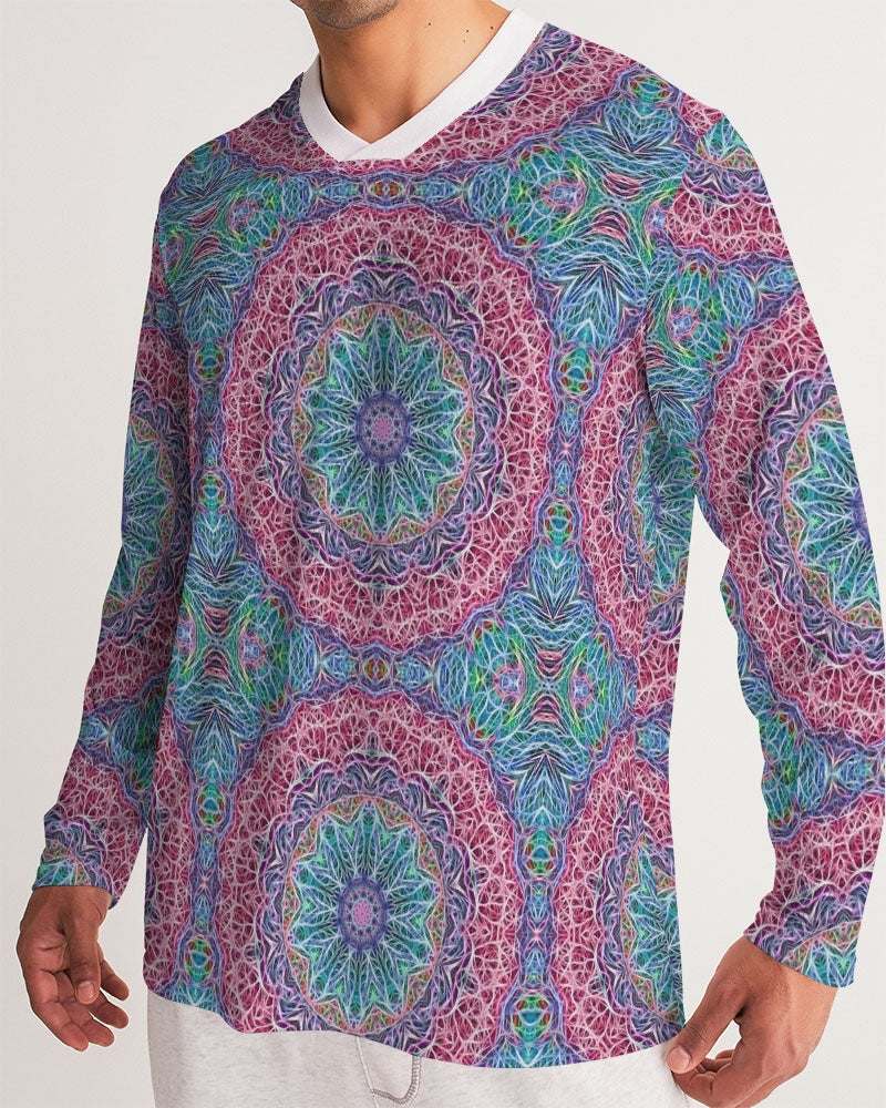 Blue Red Snowflake Kaleidoscope Men's All-Over Print Long Sleeve Sports Jersey