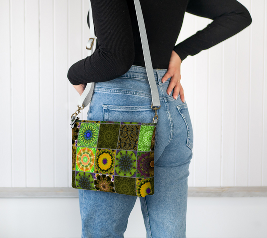 Green Crazy Quilt Vegan Crossbody Purse