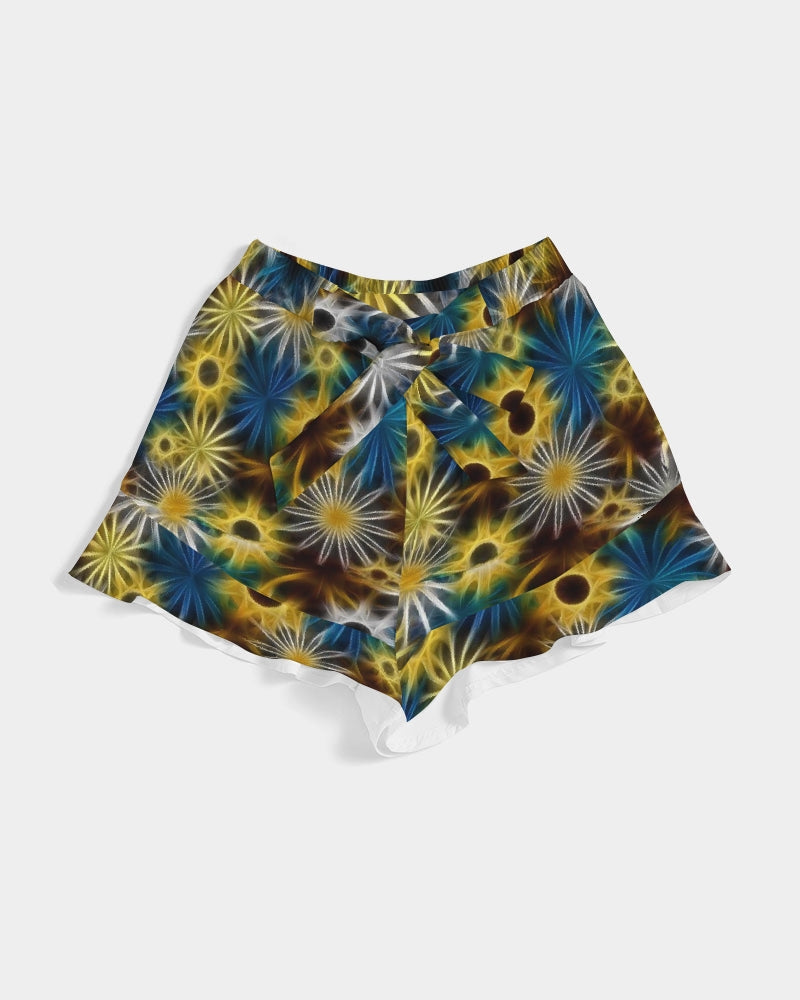 Blue and Yellow Glowing Daisies Women's All-Over Print Ruffle Shorts