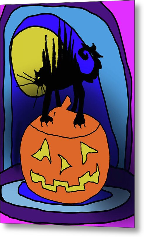 Cat On A Pumpkin - Metal Print