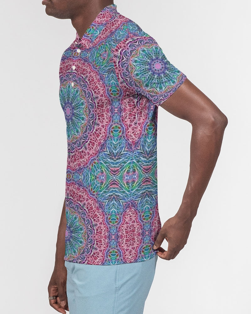 Blue Red Snowflake Kaleidoscope Men's All-Over Print Slim Fit Short Sleeve Polo