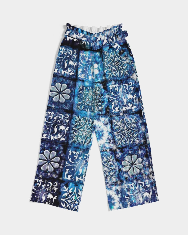 Blue Ice Crystals Motif Women's All-Over Print High-Rise Wide Leg Pants