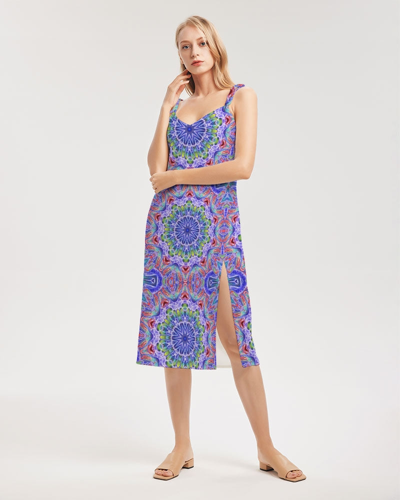 Blue Red Kaleidoscope Women's All-Over Print Tie Strap Split Dress