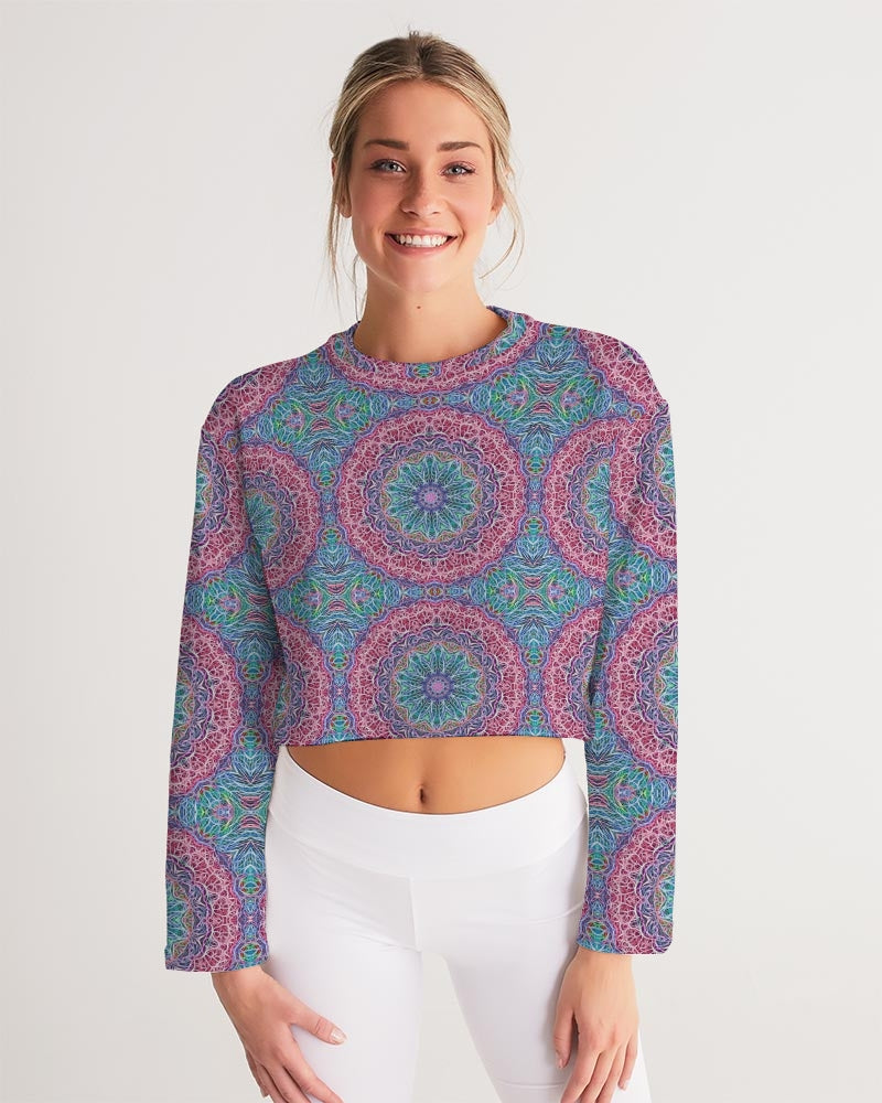 Blue Red Snowflake Kaleidoscope Women's All-Over Print Cropped Sweatshirt