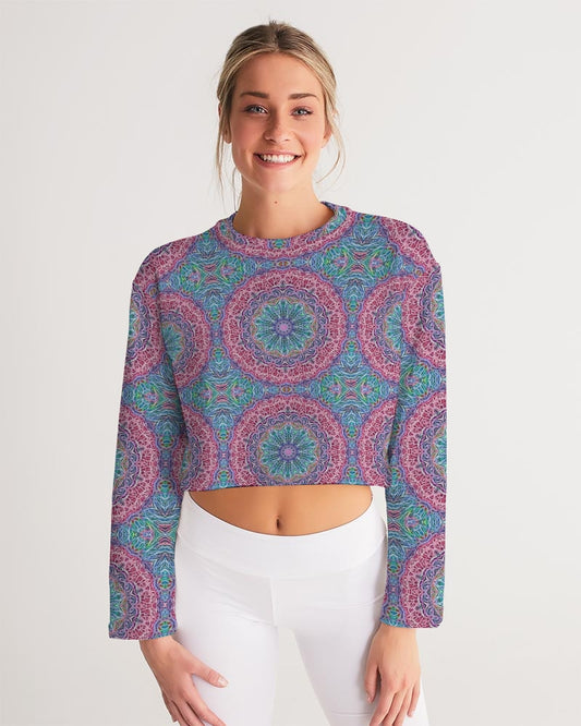Blue Red Snowflake Kaleidoscope Women's All-Over Print Cropped Sweatshirt