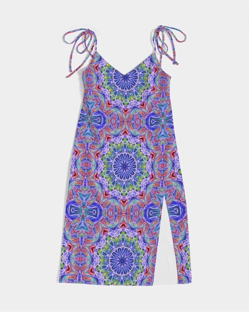 Blue Red Kaleidoscope Women's All-Over Print Tie Strap Split Dress