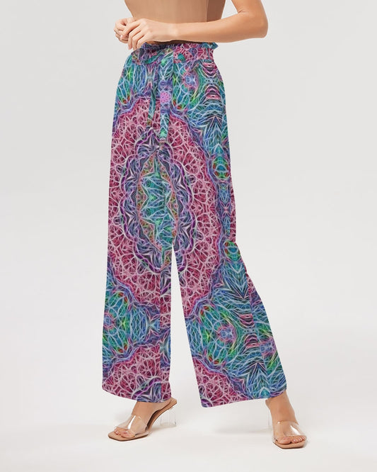 Blue Red Snowflake Kaleidoscope Women's All-Over Print High-Rise Wide Leg Pants