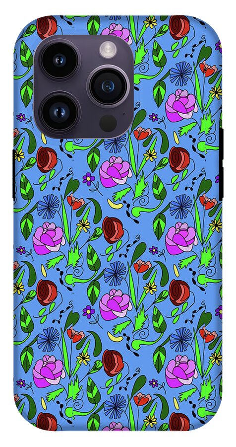 Colorful Floral Pattern on Blue - Phone Case