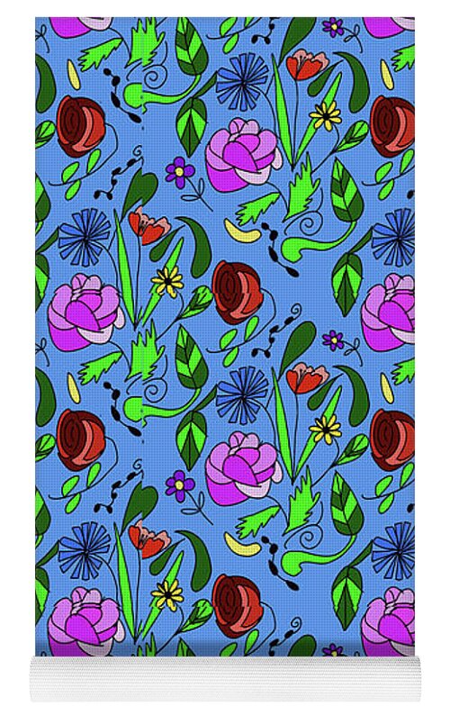 Colorful Floral Pattern on Blue - Yoga Mat