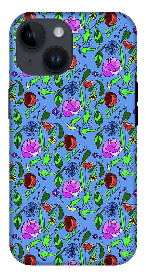 Colorful Floral Pattern on Blue - Phone Case