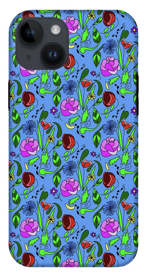 Colorful Floral Pattern on Blue - Phone Case