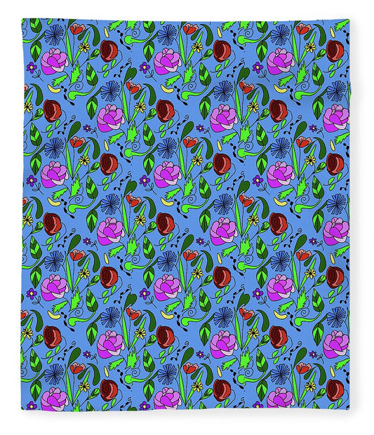 Colorful Floral Pattern on Blue - Blanket