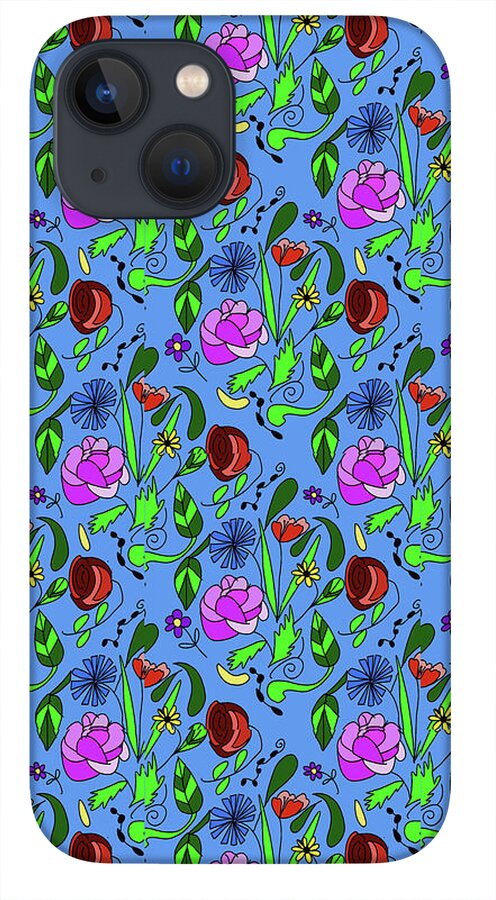 Colorful Floral Pattern on Blue - Phone Case