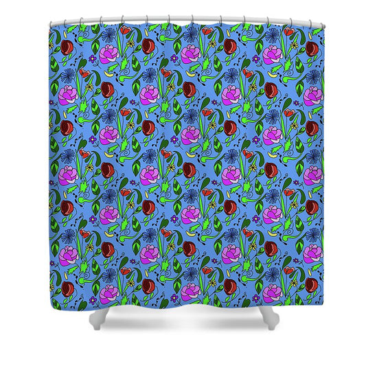 Colorful Floral Pattern on Blue - Shower Curtain