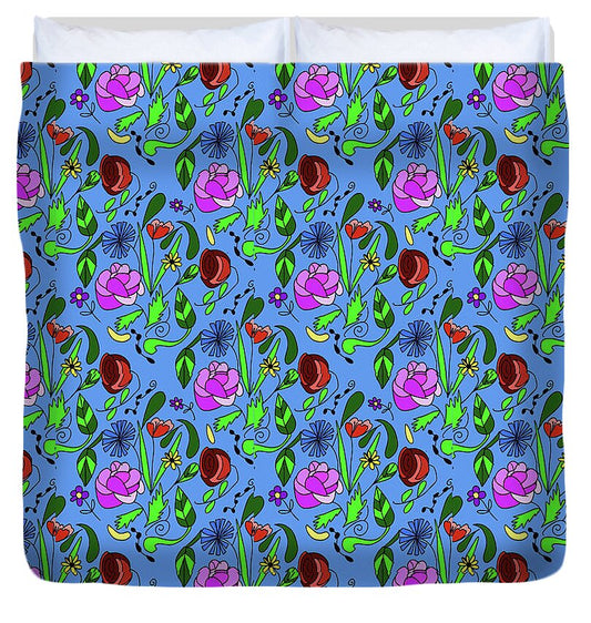 Colorful Floral Pattern on Blue - Duvet Cover