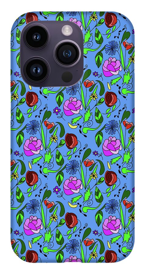 Colorful Floral Pattern on Blue - Phone Case