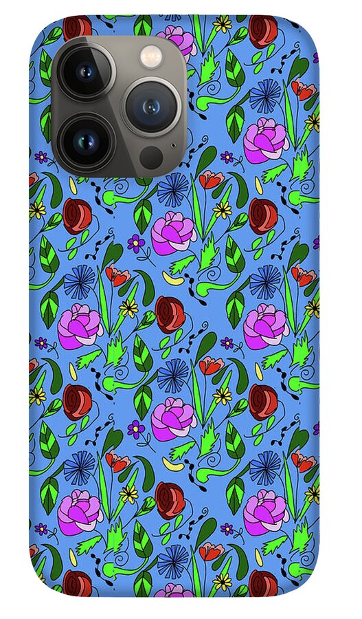 Colorful Floral Pattern on Blue - Phone Case