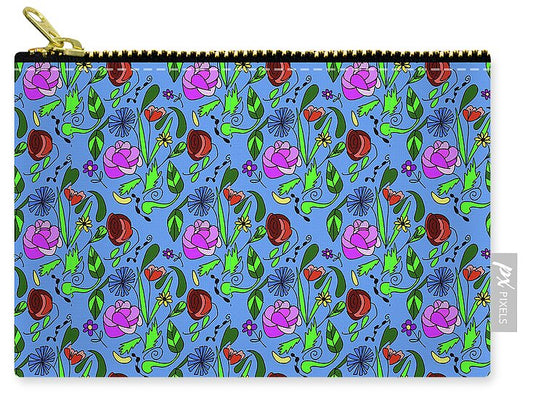 Colorful Floral Pattern on Blue - Zip Pouch