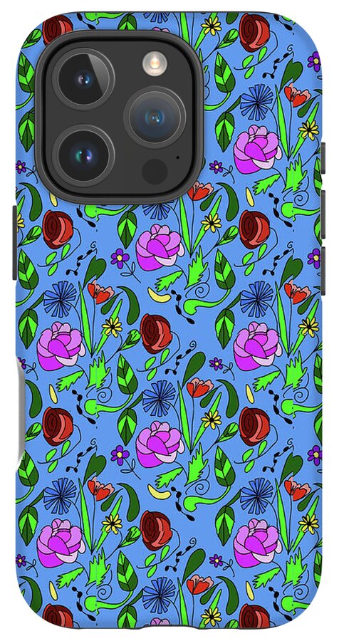 Colorful Floral Pattern on Blue - Phone Case