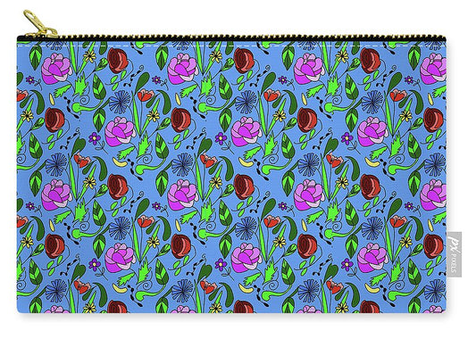 Colorful Floral Pattern on Blue - Zip Pouch