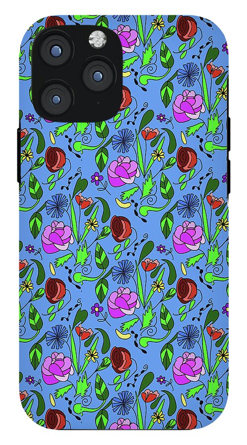 Colorful Floral Pattern on Blue - Phone Case