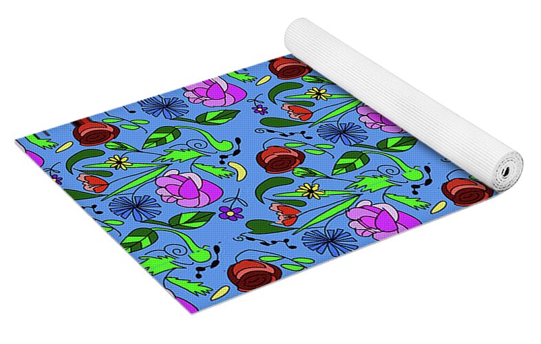 Colorful Floral Pattern on Blue - Yoga Mat