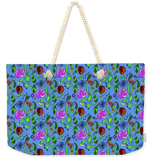 Colorful Floral Pattern on Blue - Weekender Tote Bag