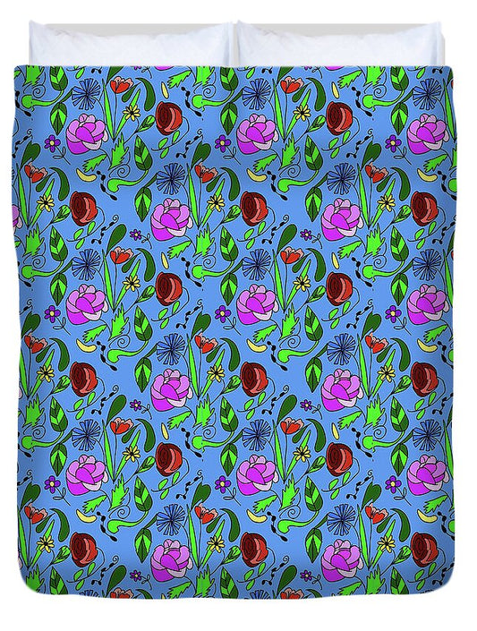Colorful Floral Pattern on Blue - Duvet Cover