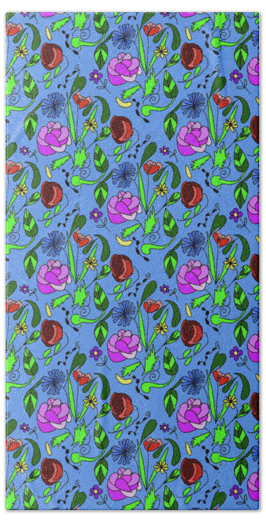 Colorful Floral Pattern on Blue - Beach Towel