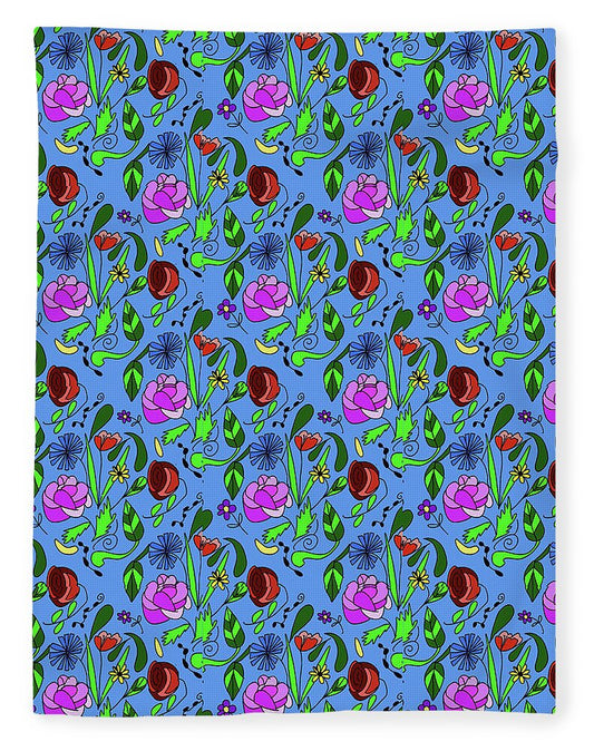 Colorful Floral Pattern on Blue - Blanket