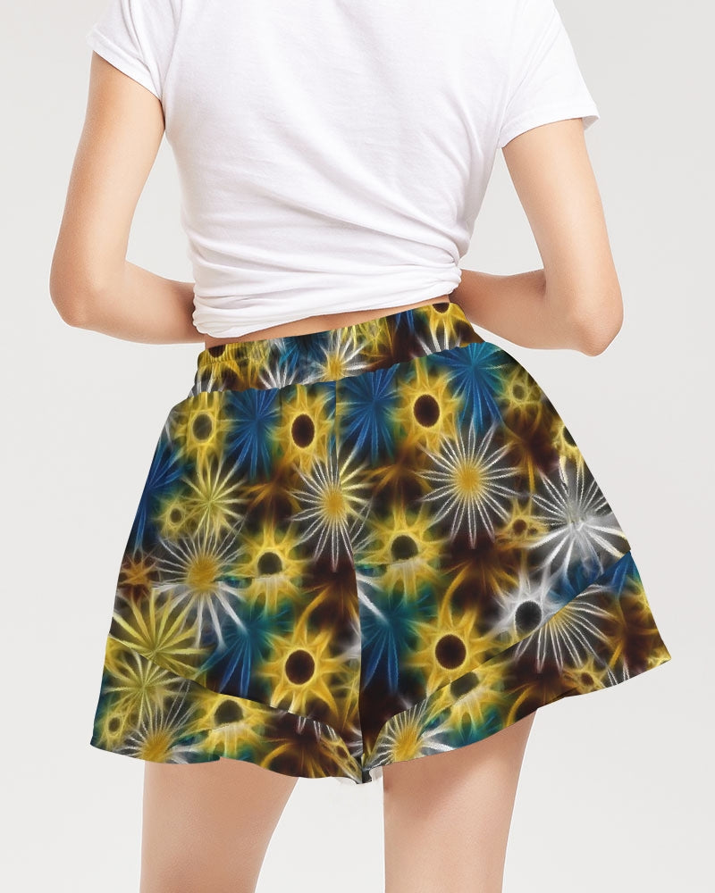 Blue and Yellow Glowing Daisies Women's All-Over Print Ruffle Shorts