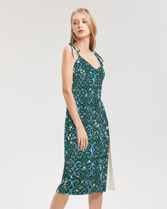 Blue Ice Sparkle Swirl Women's All-Over Print Tie Strap Split Dress