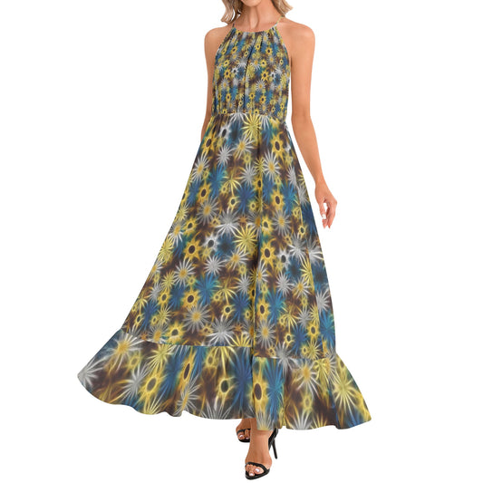 Blue and Yellow Glowing Daisies Ruffle Hem Halter Neck Maxi Dress