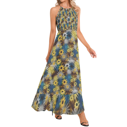Blue and Yellow Glowing Daisies Ruffle Hem Halter Neck Maxi Dress