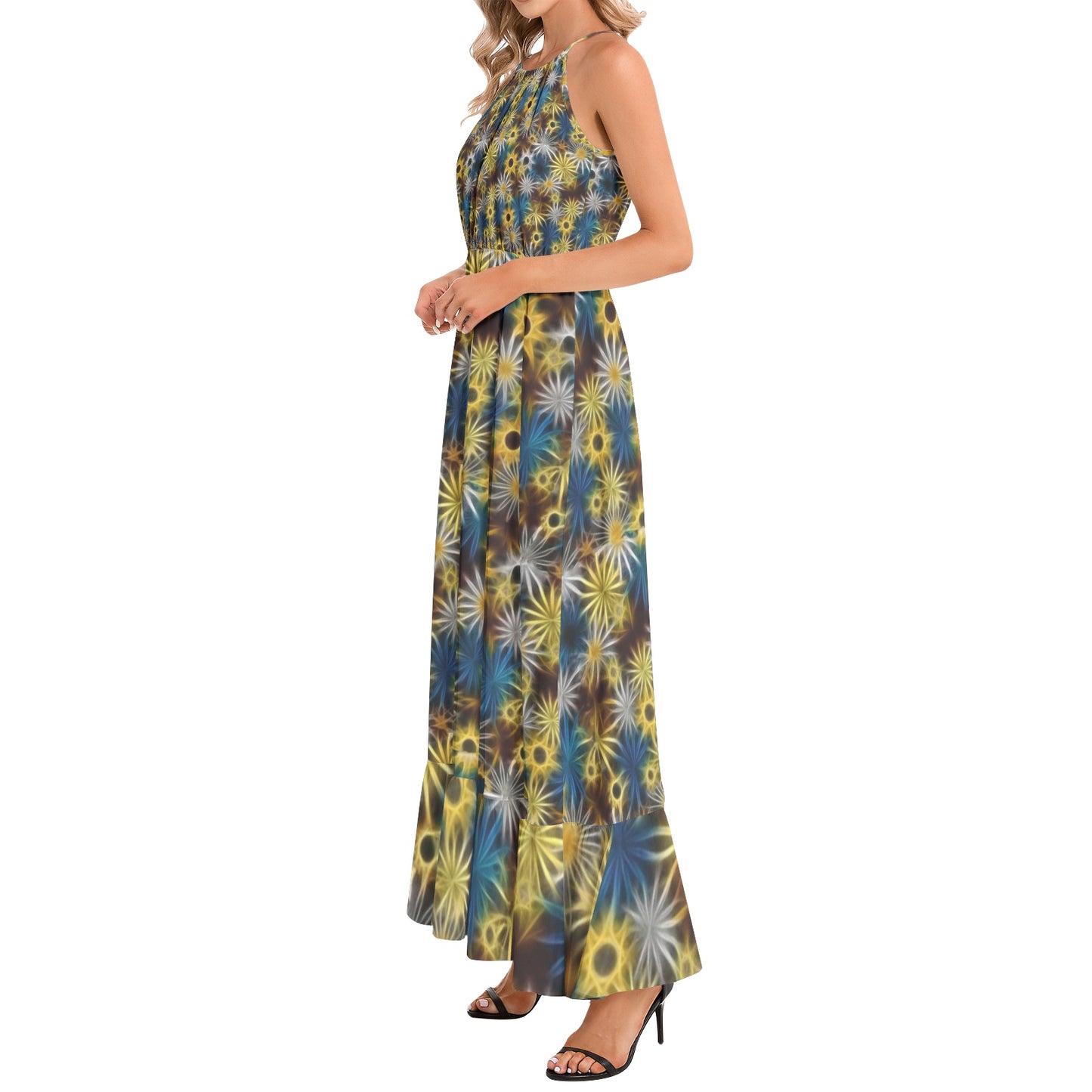 Blue and Yellow Glowing Daisies Ruffle Hem Halter Neck Maxi Dress