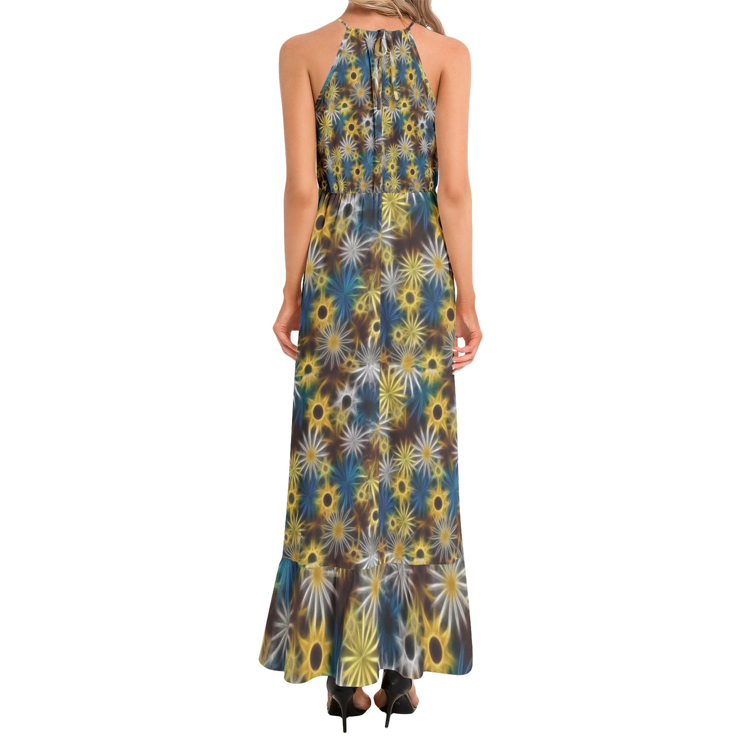 Blue and Yellow Glowing Daisies Ruffle Hem Halter Neck Maxi Dress