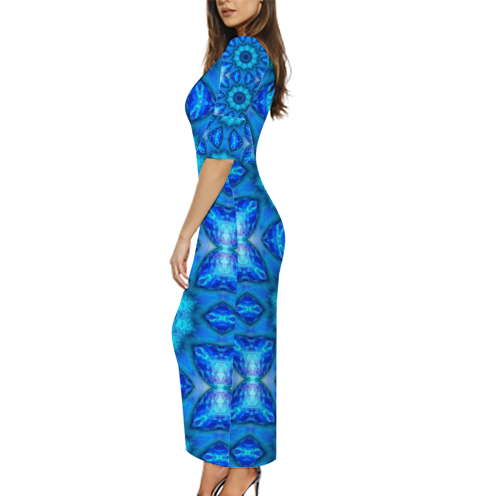 Blue Ocean Kaleidoscope Custom Lotus Leaf Short Sleeve Long Dress Women's Summer Fashion Dress