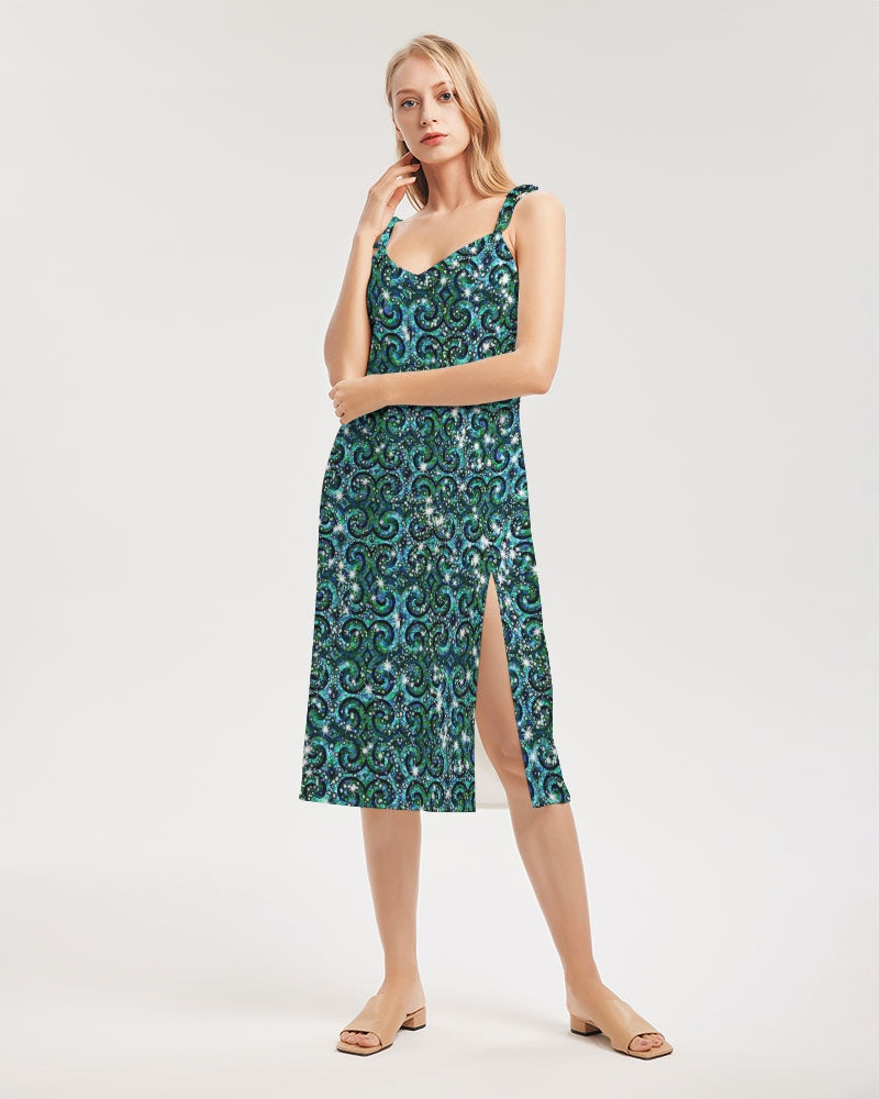 Blue Ice Sparkle Swirl Women's All-Over Print Tie Strap Split Dress