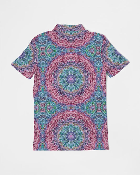 Blue Red Snowflake Kaleidoscope Men's All-Over Print Slim Fit Short Sleeve Polo