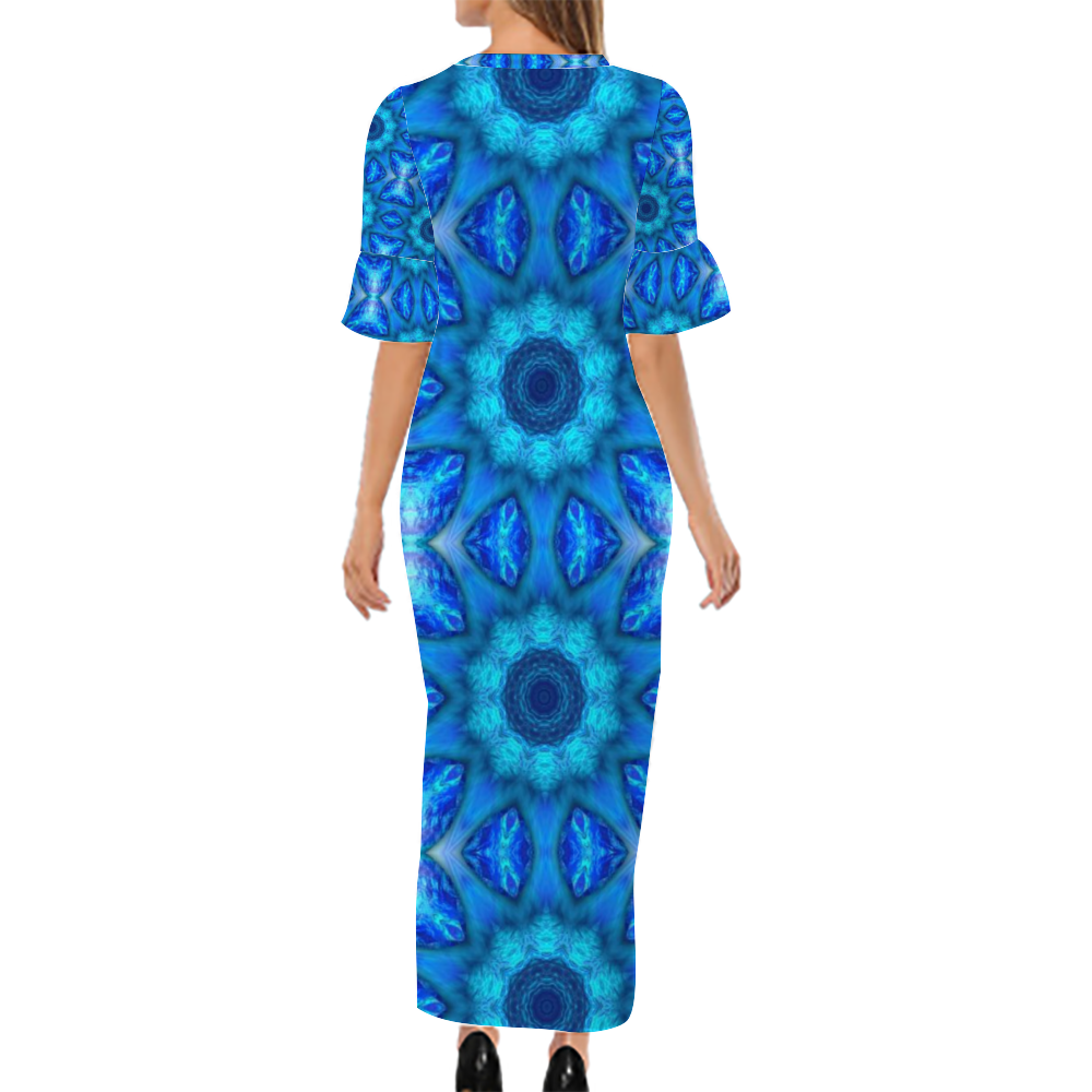 Blue Ocean Kaleidoscope Custom Lotus Leaf Short Sleeve Long Dress Women's Summer Fashion Dress