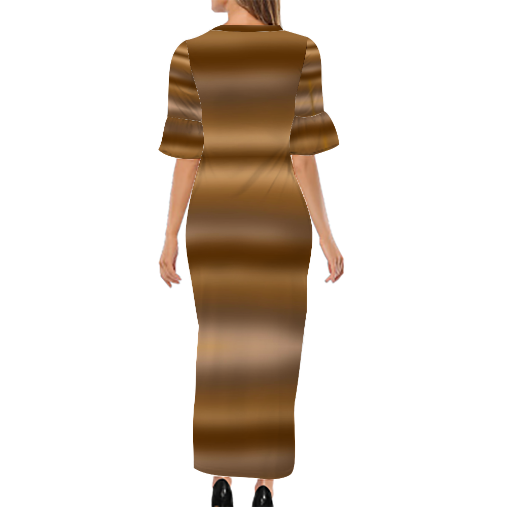 Coffee Gradient Custom Lotus Leaf Short Sleeve Long Dress Women's Summer Fashion Dress