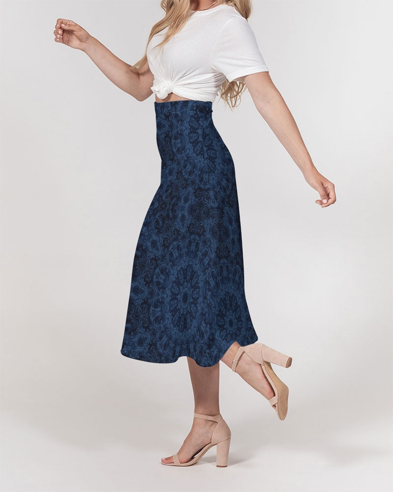 Blue Faux Velvet Kaleidoscope Women's All-Over Print A-Line Midi Skirt
