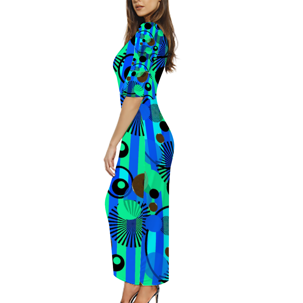 Blue Green Stripes and Dots Custom Lotus Leaf Short Sleeve Long Dress Women's Summer Fashion Dress