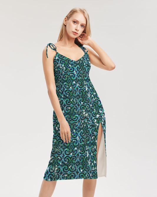 Blue Ice Sparkle Swirl Women's All-Over Print Tie Strap Split Dress