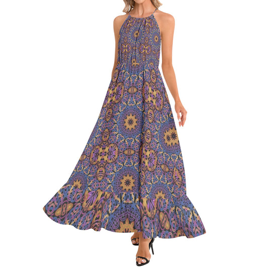 Blue Gold Celtic Kaleidoscope Ruffle Hem Halter Neck Maxi Dress