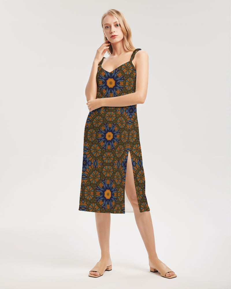 Blue and Yellow Sketch Kaleidoscope  Women's All-Over Print Tie Strap Split Dress