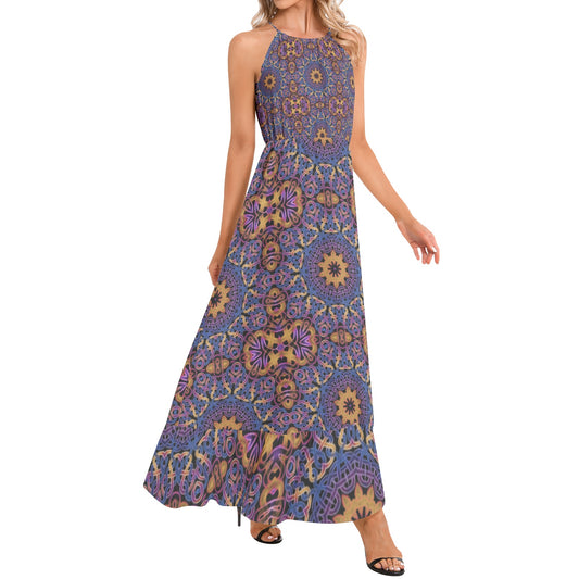 Blue Gold Celtic Kaleidoscope Ruffle Hem Halter Neck Maxi Dress